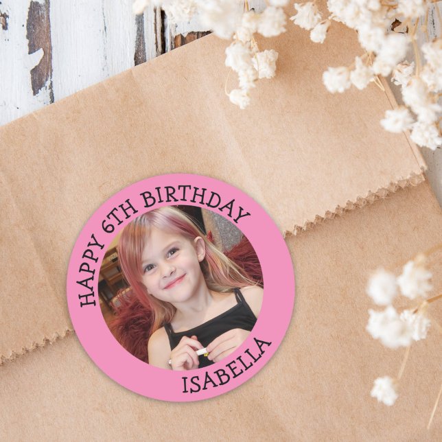Personalized Photo, Age and Name Birthday   Classic Round Sticker (Creator Uploaded)