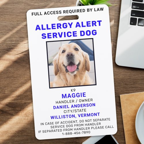 Personalized Photo Allergy Alert Service Dog Badge