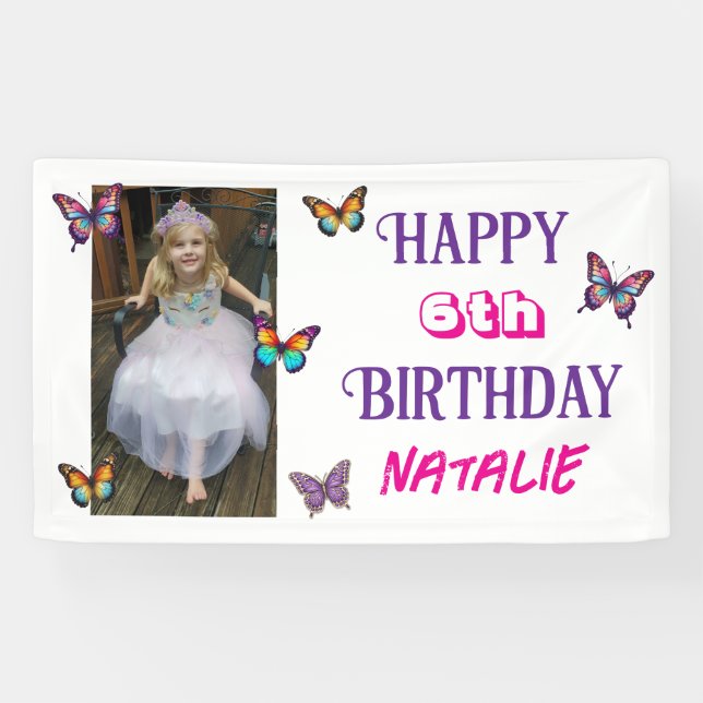 Personalized Photo and Age Butterfly Birthday Banner (Horizontal)