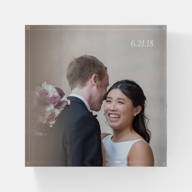 Personalized Photo and Date in Brush Lettering Paperweight (Front)