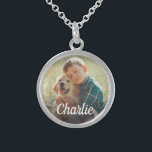 Personalized Photo and Monogram Name Pet Dog Sterling Silver Necklace<br><div class="desc">Keep your furry family member close to your heart with this beautiful photo keepsake necklace. Available in silver plate, gold plate, or sterling silver finishes. Designed to honor a beloved dog, cat, or other pet. Features a photo design with custom white script monogram overlay you can personalize with their name....</div>