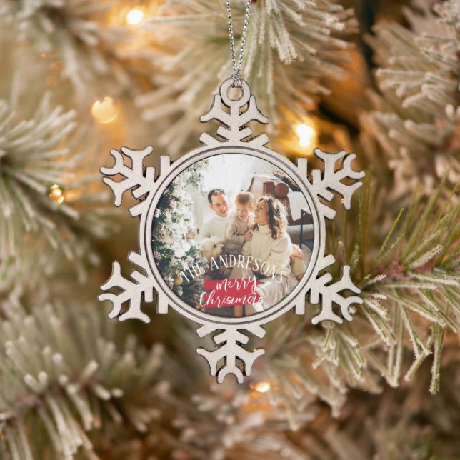 Personalized photo and name christmas snowflake pewter christmas ornament (Tree)