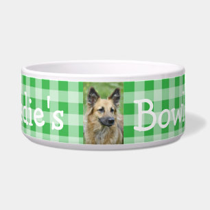 Personalized Photo and Name Dog Bowl Green Gingham