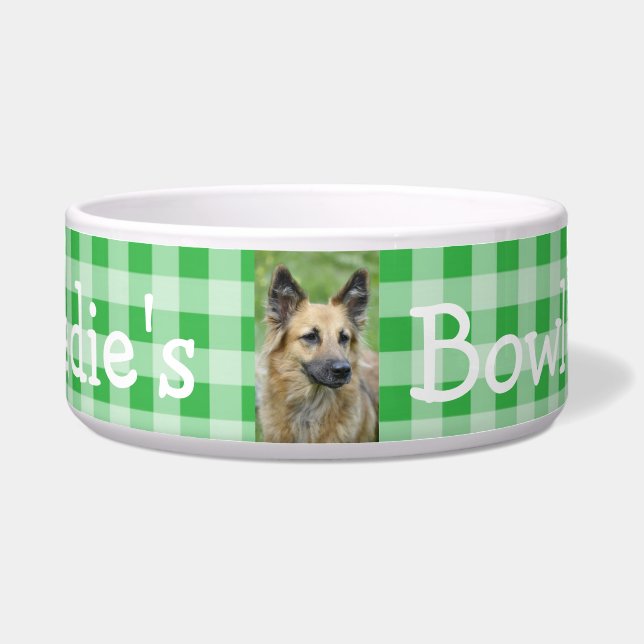 Personalized Photo and Name Dog Bowl Green Gingham (Front)