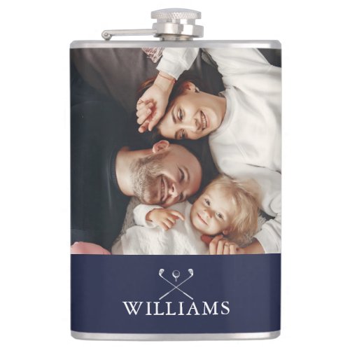 Personalized Photo And Name Golf Clubs Navy Blue Flask