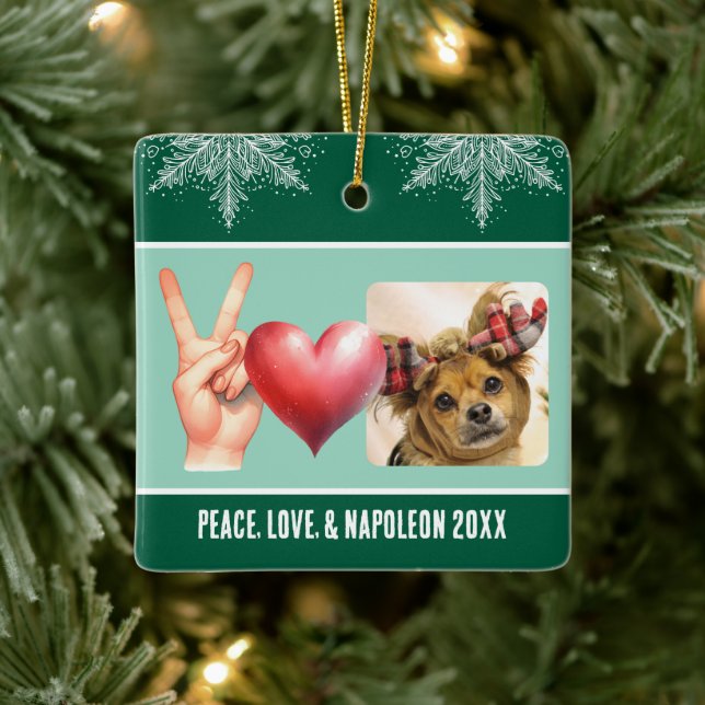 Personalized Photo and Name Peace Love Snowflake Ceramic Ornament (Tree)