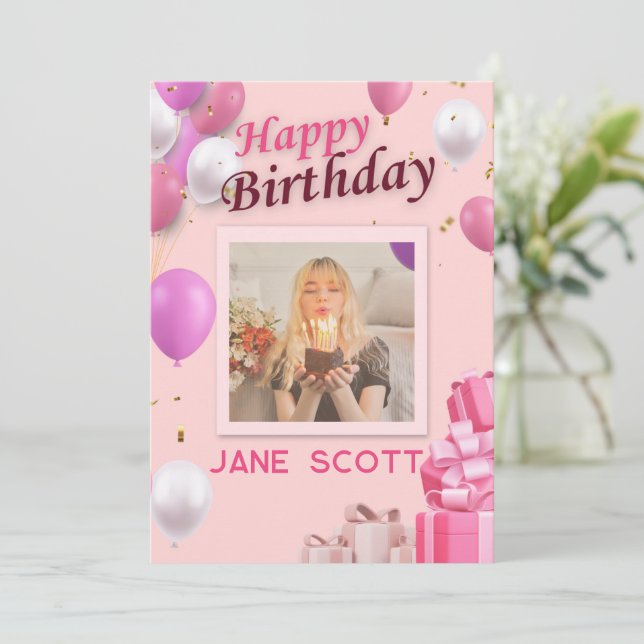 Personalized Photo and Name Pink Balloon Birthday Thank You Card (Standing Front)