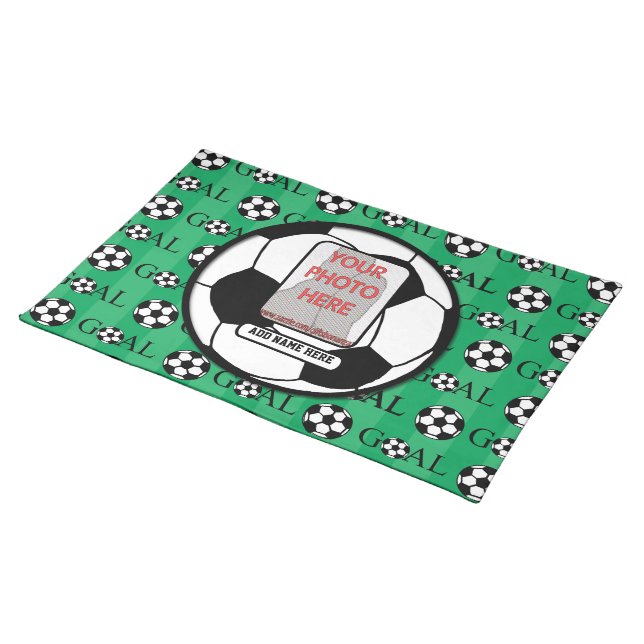 Personalized Photo and Name Soccer Ball Cloth Placemat (On Table)