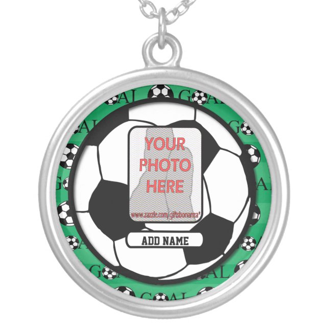 Personalized Photo and Name Soccer Ball Silver Plated Necklace (Front)