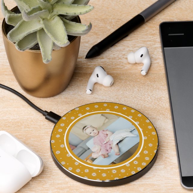 Personalized Photo and Pattern Yellow White Flower Wireless Charger (Desk 2)