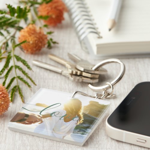 Personalized Photo and Script Text Sage Green Keychain