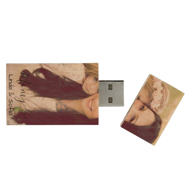Personalized Photo and Text & Names  Wood Flash Drive (Opened)