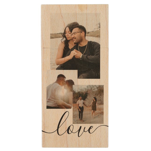 Personalized Photo and Text Photo Collage  Wood Flash Drive (Front Vertical)