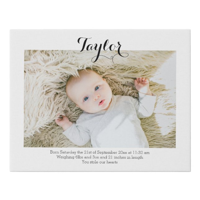 Personalized Photo and Text Photo New Baby Faux Canvas Print (Front)
