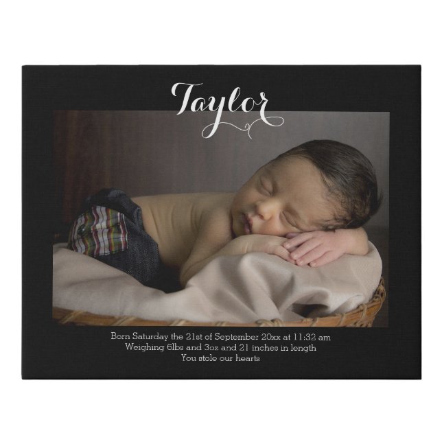 Personalized Photo and Text Photo New Baby Faux Canvas Print (Front)