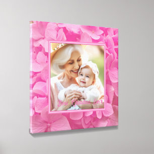 Personalized Photo and Text, Pink Hydrangea Flower Canvas Photo Tile