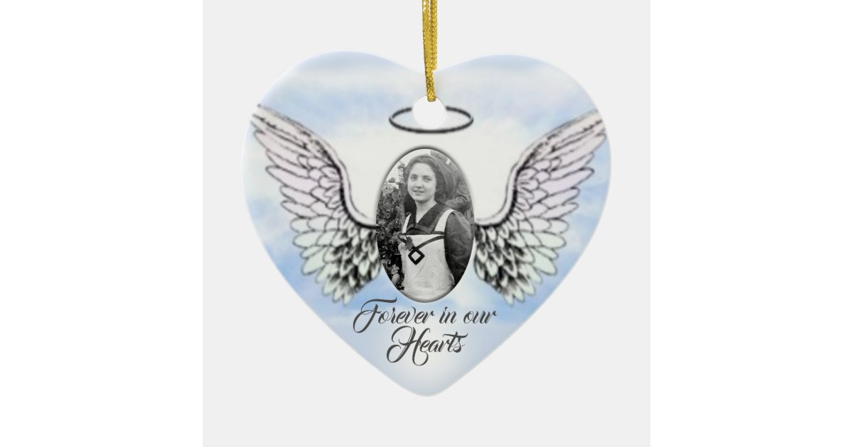 Personalized Photo Angel Wings And Heart Memorial Ceramic Ornament Zazzle Com