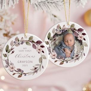 Personalized Photo Baby 1st Christmas Purple Ceramic Ornament