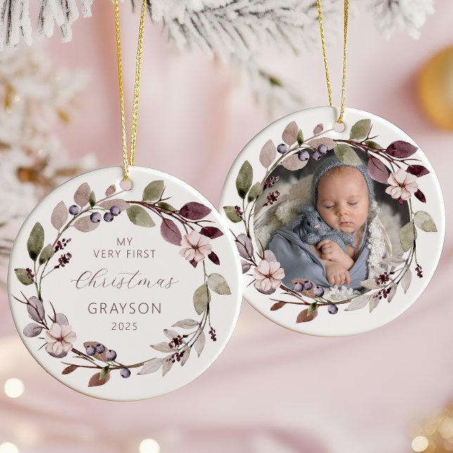 Personalized Photo Baby 1st Christmas Purple Ceramic Ornament (Creator Uploaded)