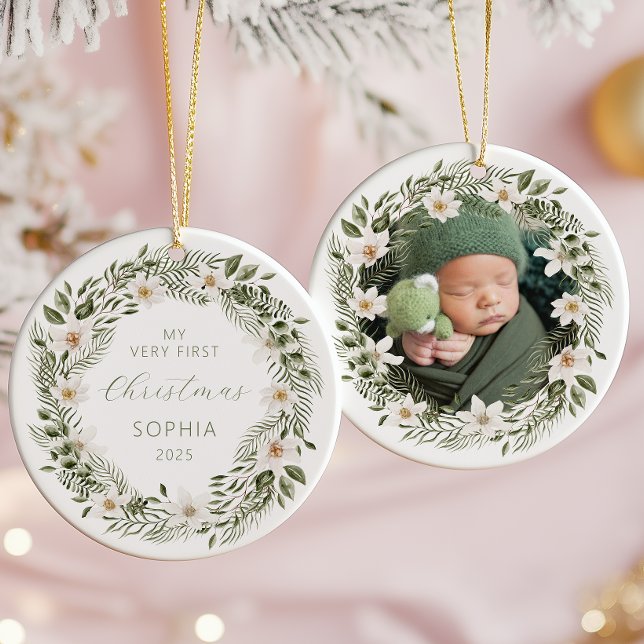 Personalized Photo Baby 1st Christmas Woodland Ceramic Ornament (Creator Uploaded)