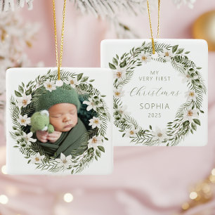 Personalized Photo Baby First Christmas Woodland Ceramic Ornament