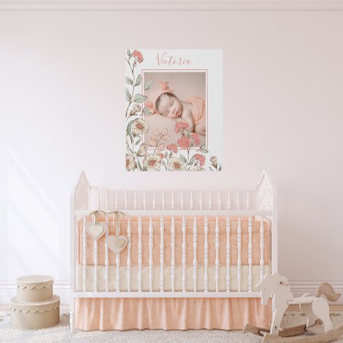 Personalized Photo Baby Girl Peach Floral Faux Canvas Print