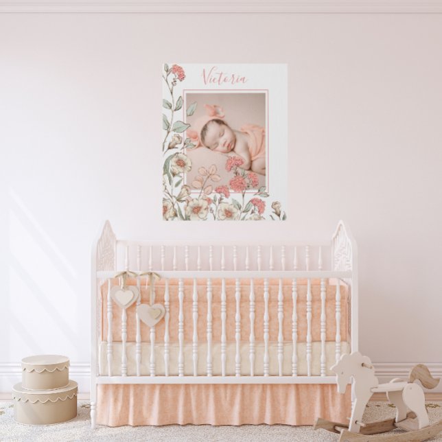 Personalized Photo Baby Girl Peach Floral Faux Canvas Print (Creator Uploaded)