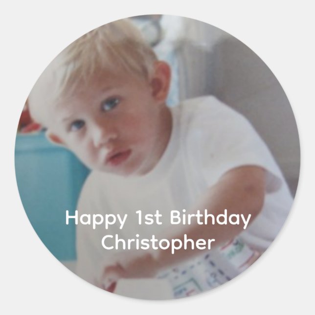 Personalized Photo Baby Kids 1st First Birthday  Classic Round Sticker (Front)