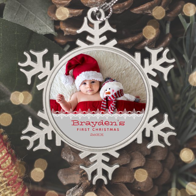Personalized Photo Baby's First Christmas Gray Red Snowflake Pewter Christmas Ornament (Creator Uploaded)
