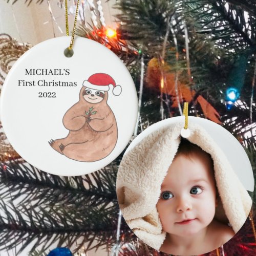 Personalized Photo Babys First Christmas Sloth Ceramic Ornament