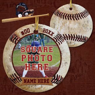 Personalized PHOTO Baseball Ornaments NAME, YEAR