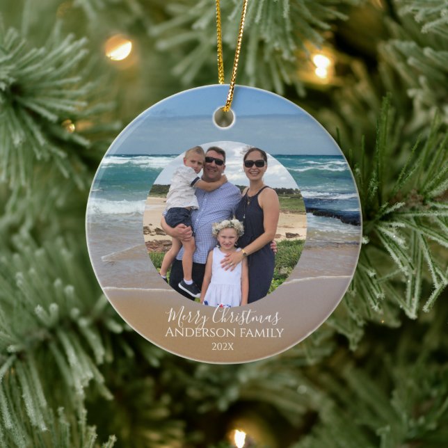 Personalized Photo Beach Ocean Christmas Card Ceramic Ornament (Tree)
