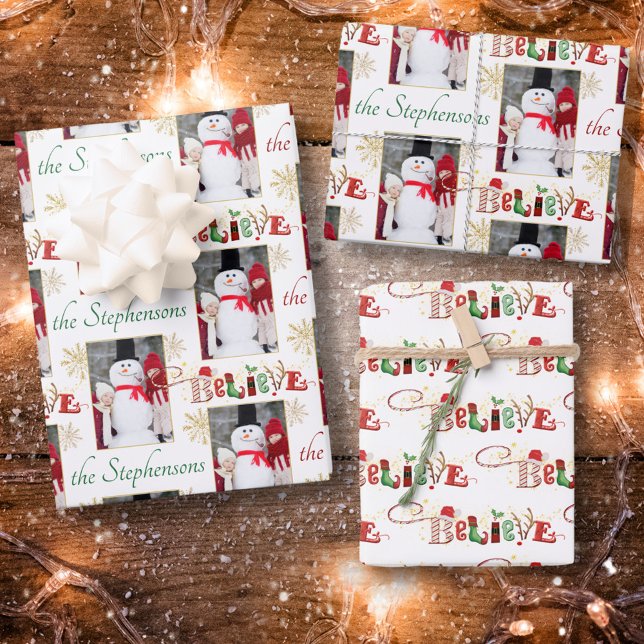 Personalized Photo BELIEVE Christmas Typography Wrapping Paper Sheets (Creator Uploaded)