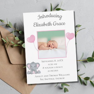 Personalized Photo Birth Stats Girl Baby Elephant Announcement