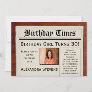 Personalized Photo Birthday Party Newspaper Invitation