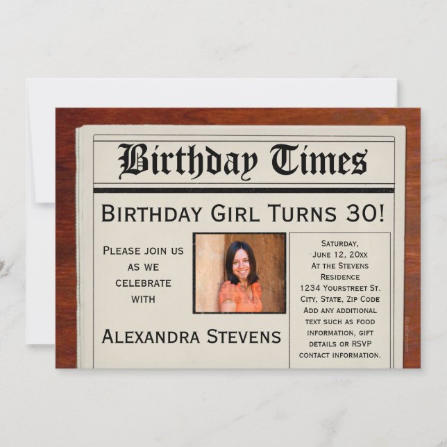 Personalized Photo Birthday Party Newspaper Invitation (Front)