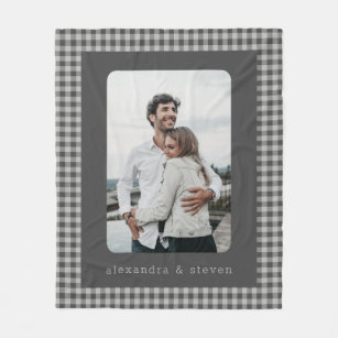 Personalized Photo Black and Grey Gingham Plaid  Fleece Blanket