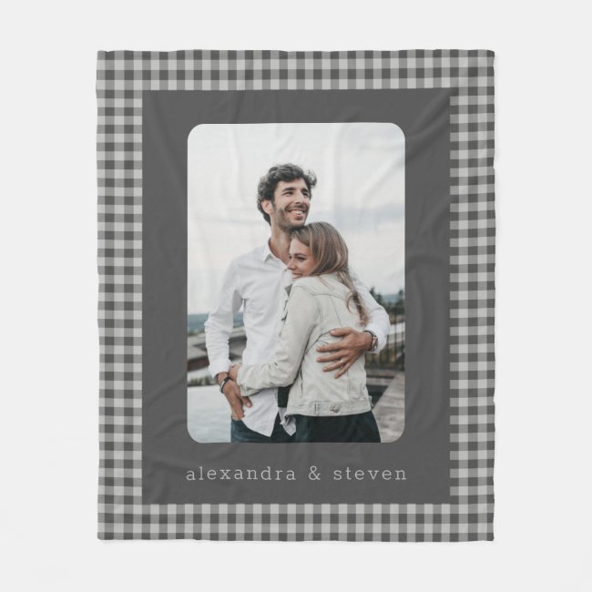 Personalized Photo Black and Grey Gingham Plaid  Fleece Blanket