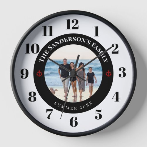 Personalized Photo Black Circle with Red Anchor Clock