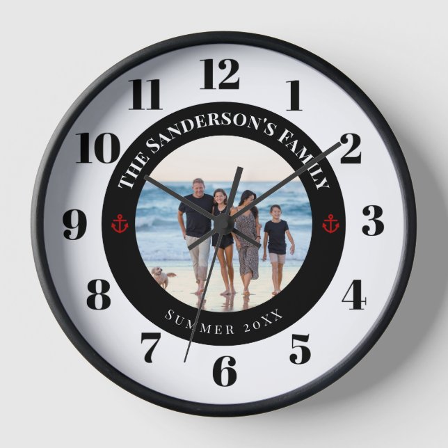 Personalized Photo Black Circle with Red Anchor Clock (Front)