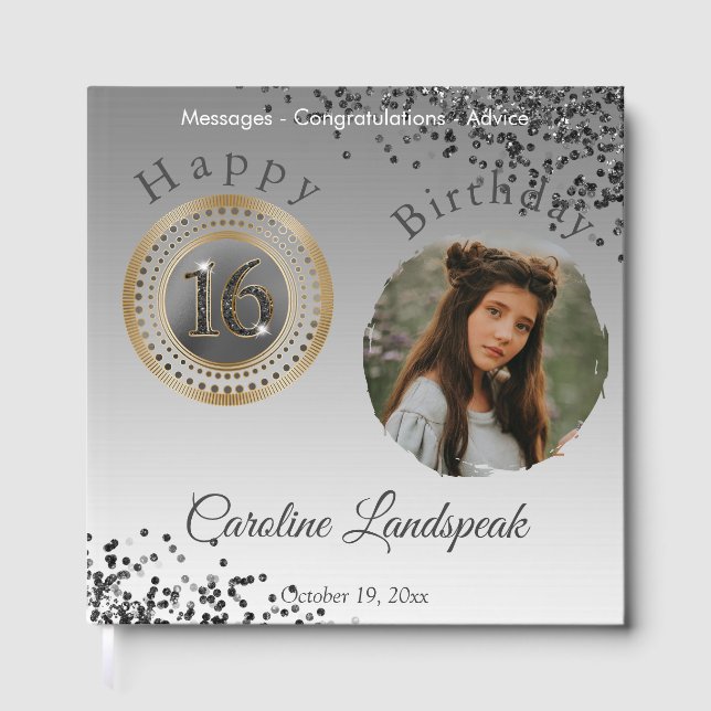 Personalized Photo Black Glitter Sweet 16 Birthday Guest Book (Front)
