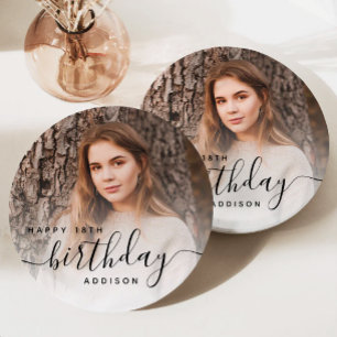 Personalized Photo Black Script 18th Birthday Paper Plates