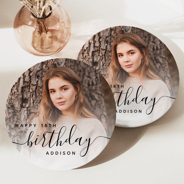 Personalized Photo Black Script 18th Birthday Paper Plates (Creator Uploaded)
