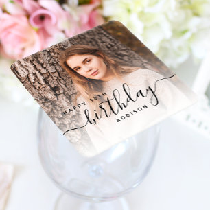 Personalized Photo Black Script 18th Birthday Square Paper Coaster
