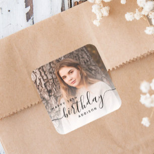 Personalized Photo Black Script 18th Birthday Square Sticker