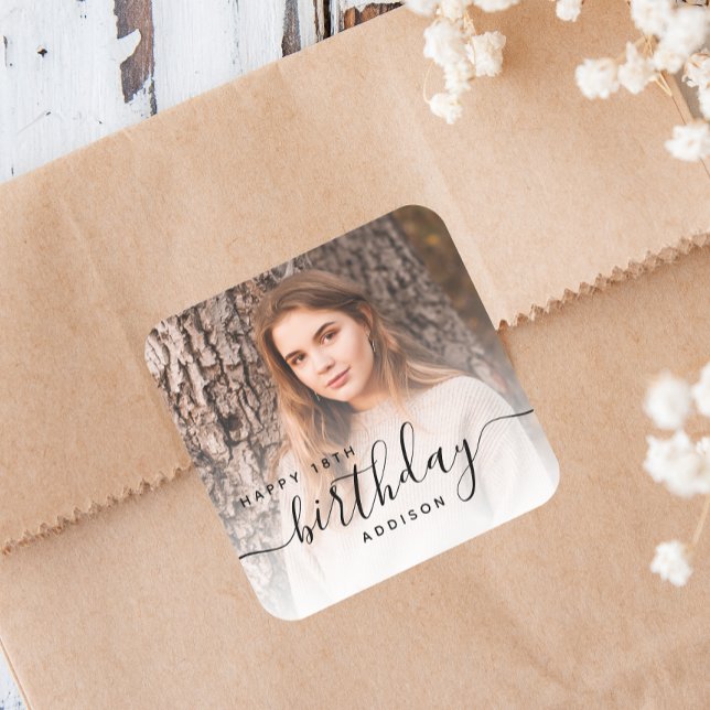 Personalized Photo Black Script 18th Birthday Square Sticker (Creator Uploaded)