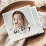 Personalized Photo Black Script 21st Birthday Napkins<br><div class="desc">Modern birthday party napkins featuring a custom photo. Easily replace the sample image with a photo of the guest of honor. The word "birthday" appears in elegant black handwriting script. Personalize the text with the name and birthday year in black sans serif font. A white gradient overlay helps make the...</div>