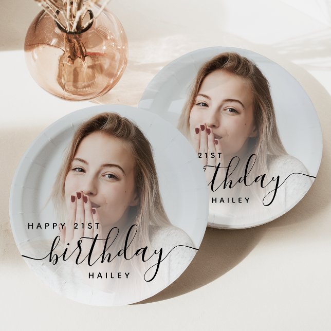 Personalized Photo Black Script 21st Birthday Paper Plates (Creator Uploaded)