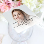 Personalized Photo Black Script 21st Birthday Square Paper Coaster<br><div class="desc">Modern birthday party paper coasters featuring a custom photo. Easily replace the sample image with a photo of the guest of honor. The word "birthday" appears in elegant black handwriting script. Personalize the text with the name and birthday year in black sans serif font. A white gradient overlay helps make...</div>