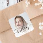Personalized Photo Black Script 21st Birthday Square Sticker<br><div class="desc">Modern birthday party stickers featuring a custom photo. Easily replace the sample image with a photo of the guest of honor. The word "birthday" appears in elegant black handwriting script. Personalize the text with the name and birthday year in black sans serif font. A white gradient overlay helps make the...</div>